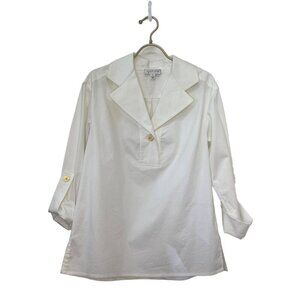 ST. John Sport Tunic Blouse White Convertible Sleeves Gold Button Detail SMALL